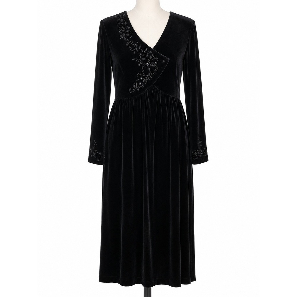 Vintage Laura Ashley 10 Black Velvet Beaded Maxi Dress Goth Victorian Romantic